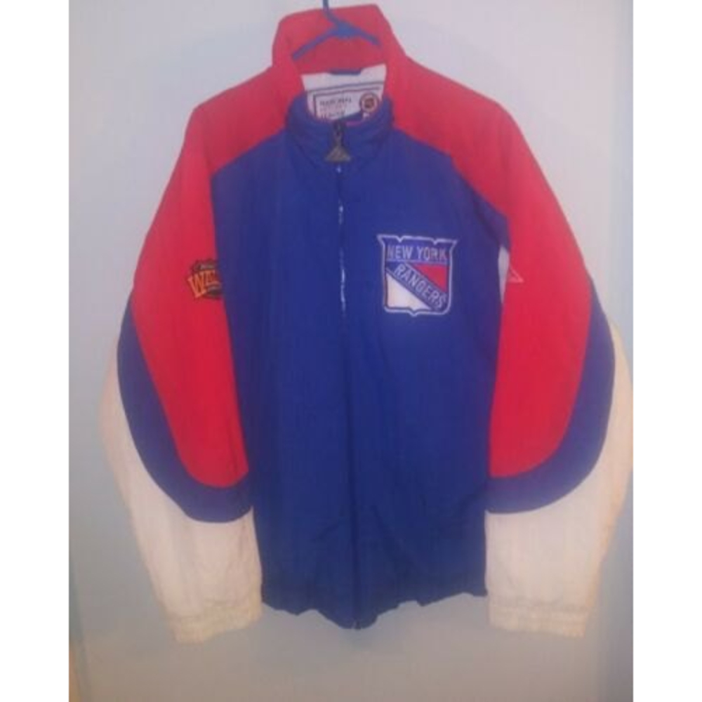 VTG '90s New York Rangers Apex One Puffy Jacket Sz L NHL Colorblock Winter Coat